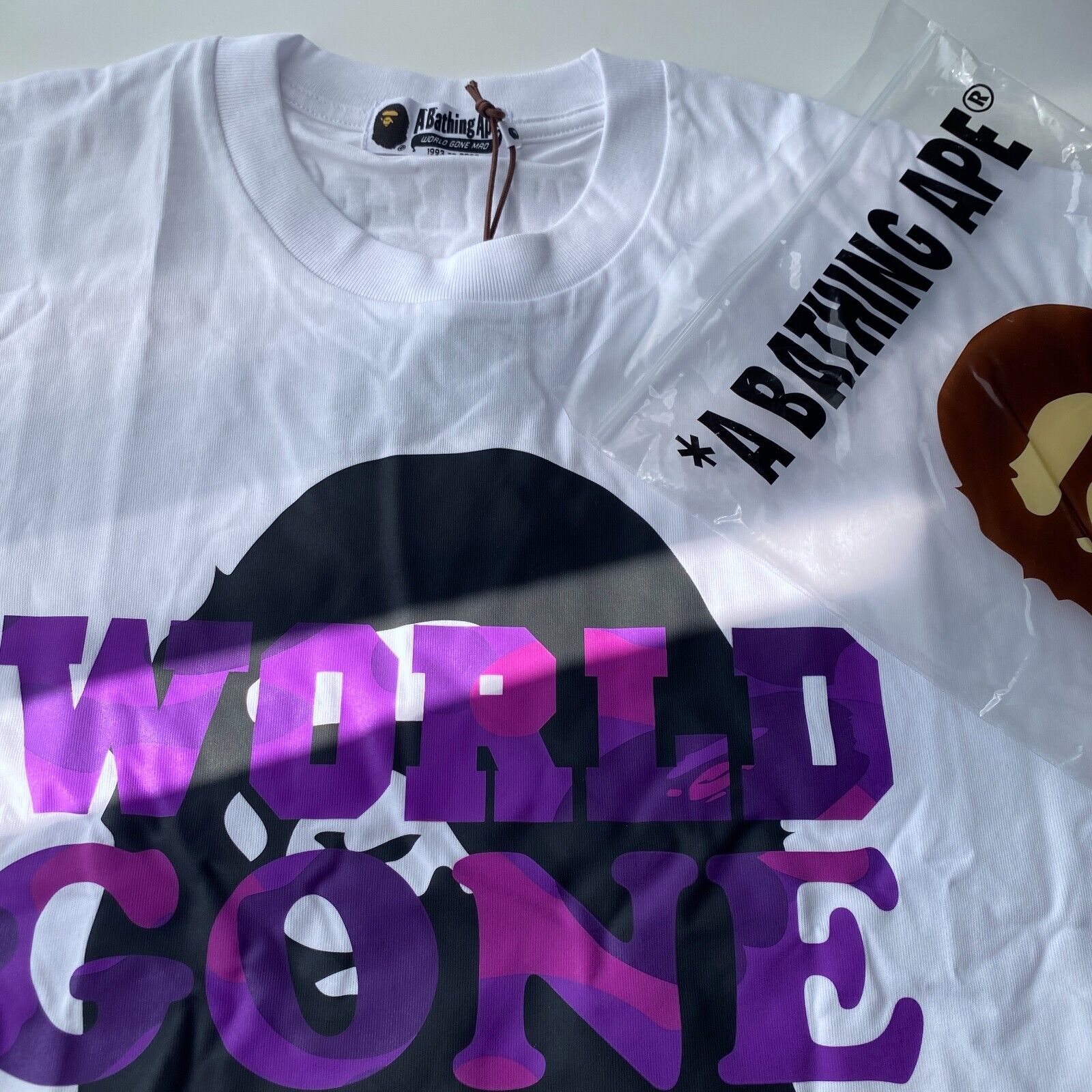 BAPE WORLD GONE MAD TEE WHITE PURPLE CAMO WHITE