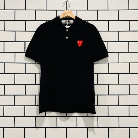 CDG PLAY DOUBLE RED HEART POLO SHIRT BLACK T290-051-1