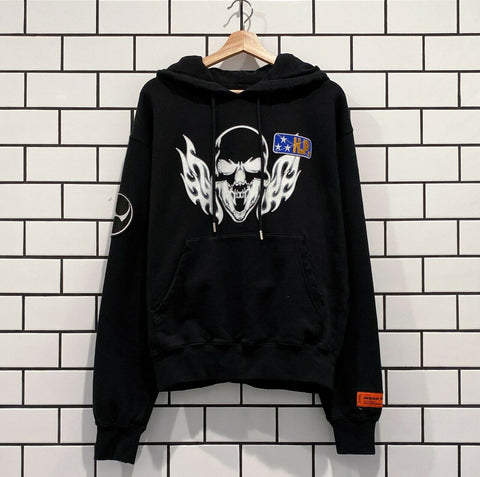 HERON PRESTON FLAMING SKULL HOODIE BLACK