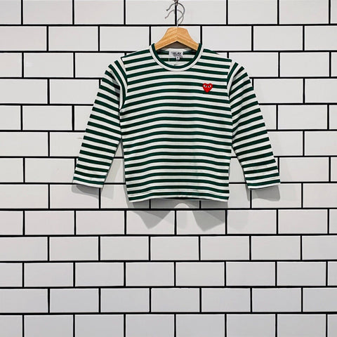COMME DES GARCONS CDG PLAY KIDS RED HEART STRIPE LS TEE GREEN AZ-T663-100-3