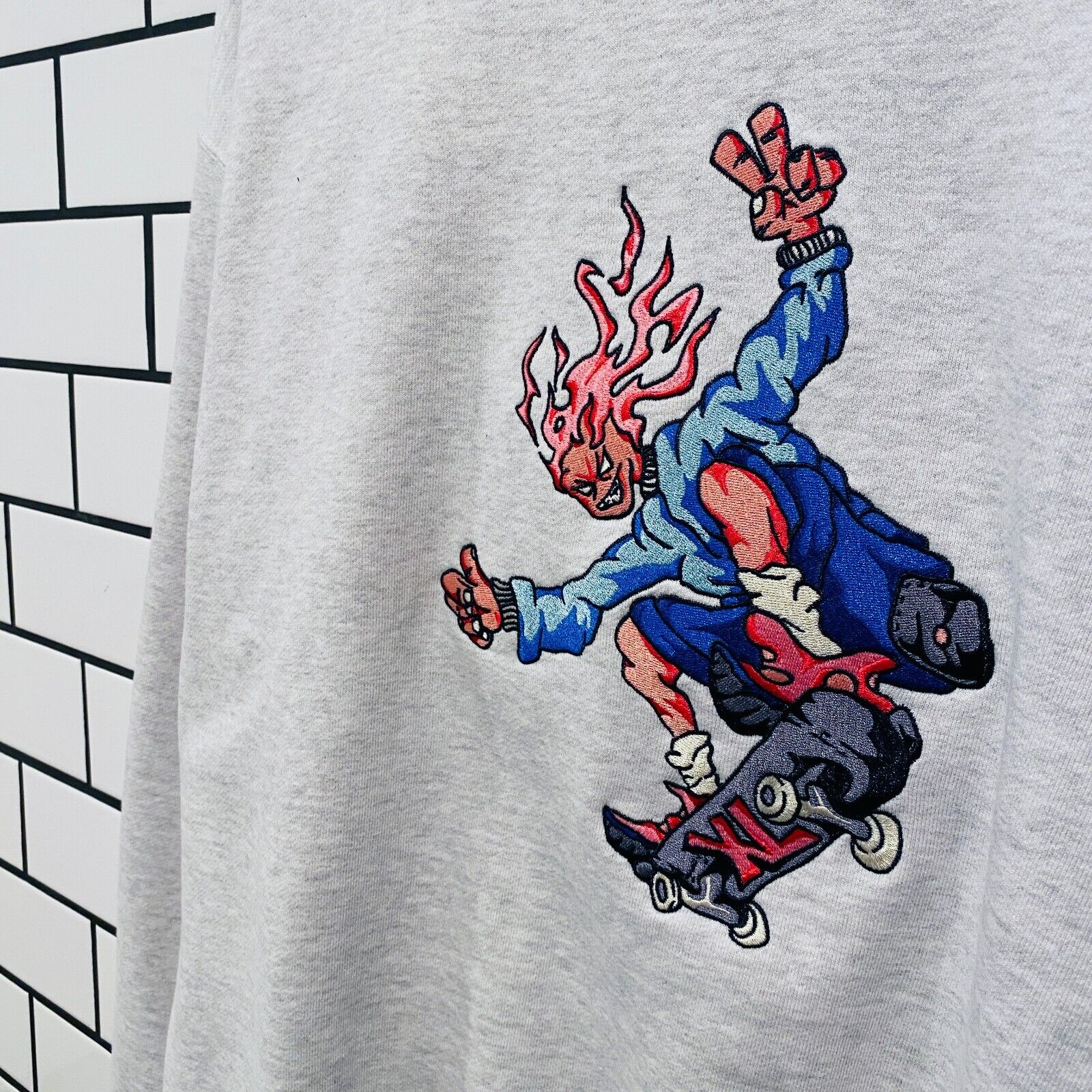 XLARGE BURNING MONSTER CREWNECK SWEATSHIRT ASH | shoparchive.us