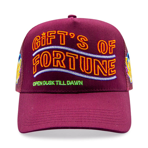 GIFTS OF FORTUNE NEON GIRL TRUCKER HAT BURGUNDY