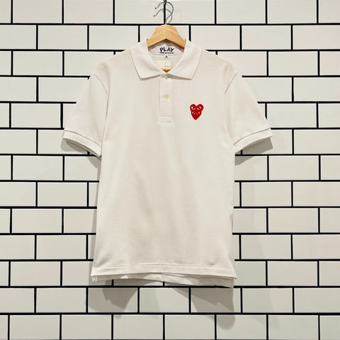 COMME DES GARCONS CDG PLAY DOUBLE RED HEART POLO SHIRT WHITE AZ-T290-051-2