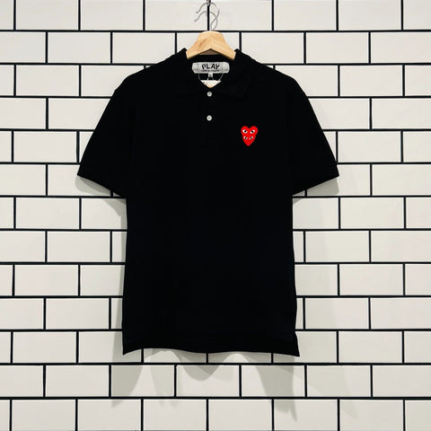 COMME DES GARCONS CDG PLAY DOUBLE RED HEART POLO SHIRT BLACK T290-051-1