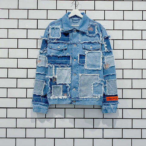 HERON PRESTON PATCHWORK TRUCKER JACKET BLUE LAST SIZE L SOLD OUT