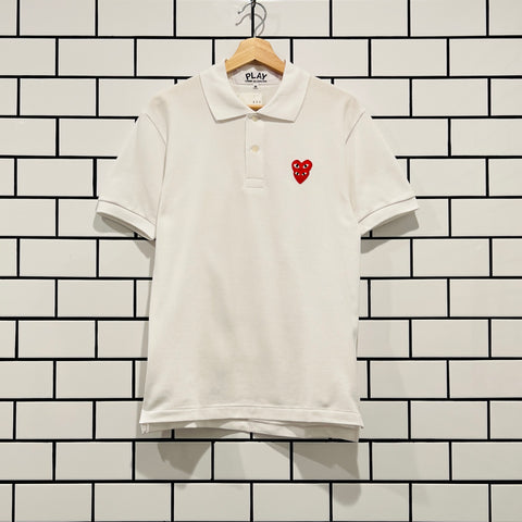 CDG PLAY DOUBLE RED HEART POLO SHIRT WHITE T290-051-2