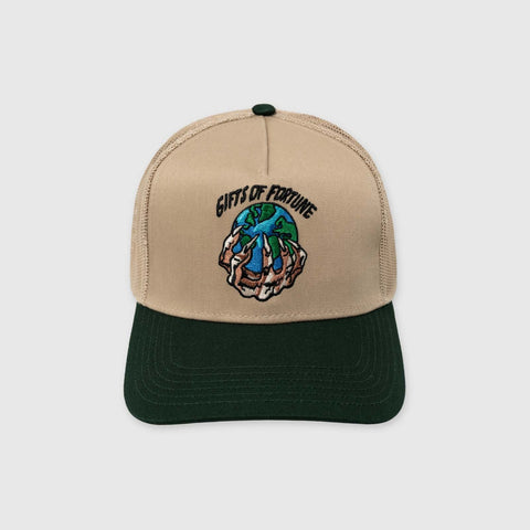 GIFTS OF FORTUNE THE WORLD IS YOURS TRUCKER HAT TAN/GREEN